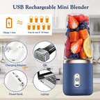 Portable Blender Electric Juicers Fruit Mixers USB Rechargeable Smoothie Mini Personal Juicer 6 Blades 3Gears With 1500 Mah Rechargeable Battery-Smoothie Blender